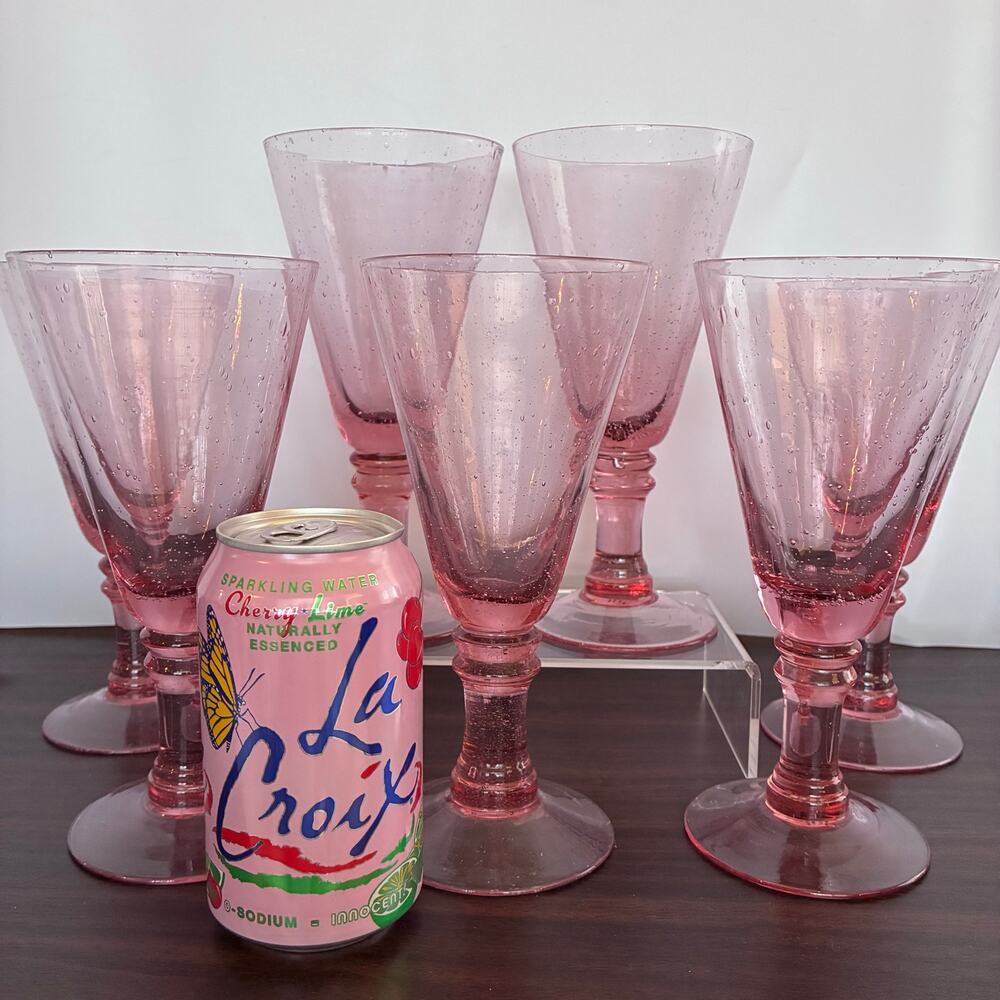 Vintage Pink Bubble Glass Goblets Set of 7 Bullicante Stemware Water Glasses